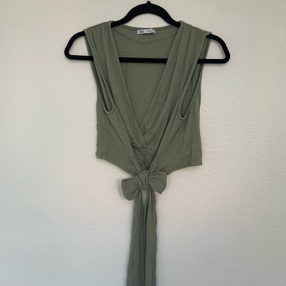 Zara Olive Green Sleeveless Wrap Top